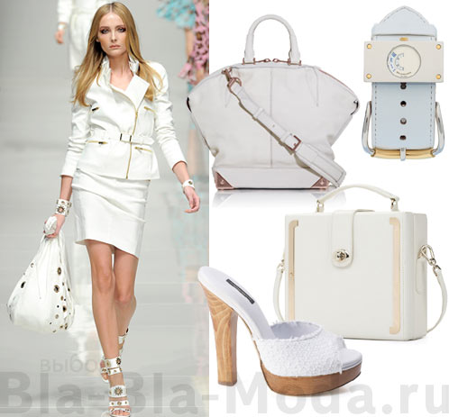 Модные белые аксессуары: модный look Blumarine, сумка Alexander Wang, часы Balenciaga, сабо Dolce & Gabbana, сумка Emporio Armani, 